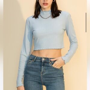 Double Zero Lettuce Edge Mock Neck Crop Top In Smoke Blue Size Small